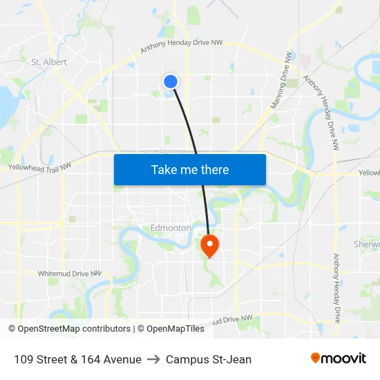109 Street & 164 Avenue to Campus St-Jean map