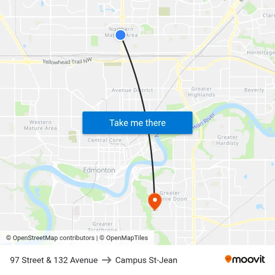97 Street & 132 Avenue to Campus St-Jean map