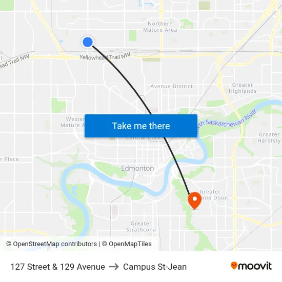 127 Street & 129 Avenue to Campus St-Jean map