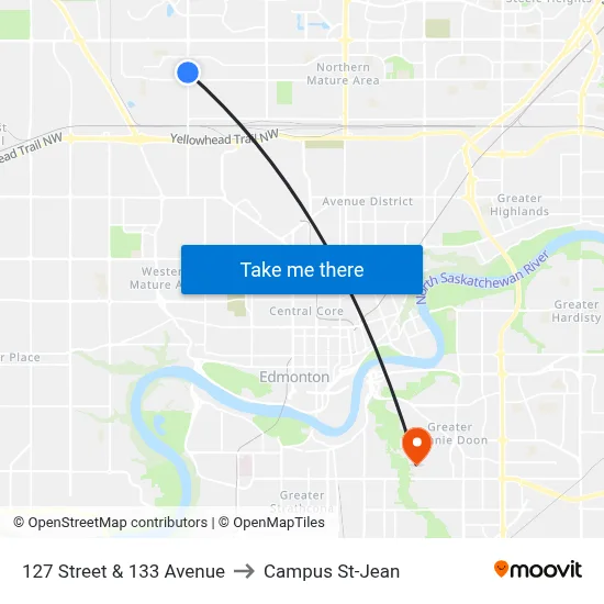 127 Street & 133 Avenue to Campus St-Jean map