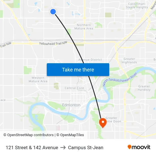121 Street & 142 Avenue to Campus St-Jean map