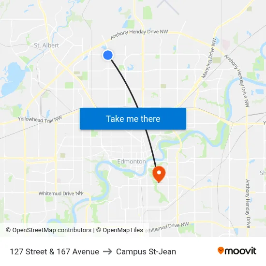127 Street & 167 Avenue to Campus St-Jean map