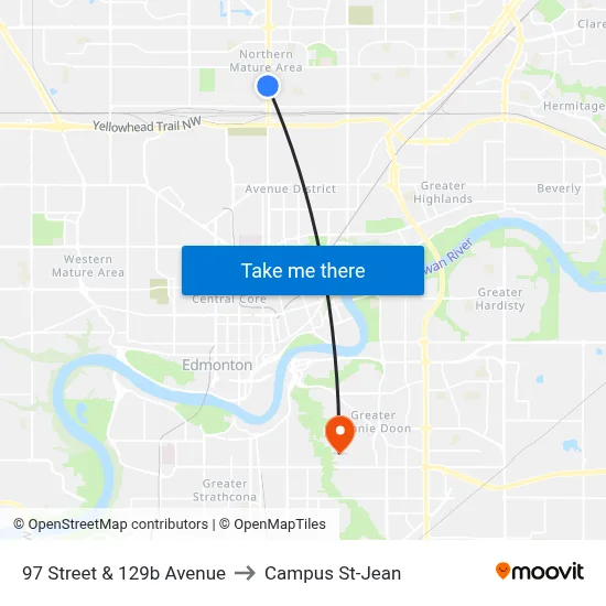 97 Street & 129b Avenue to Campus St-Jean map