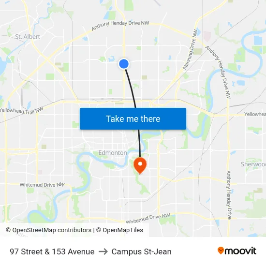 97 Street & 153 Avenue to Campus St-Jean map
