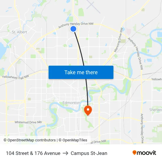 104 Street & 176 Avenue to Campus St-Jean map