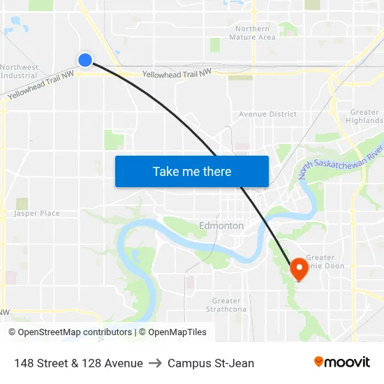 148 Street & 128 Avenue to Campus St-Jean map