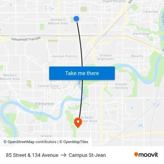 85 Street & 134 Avenue to Campus St-Jean map