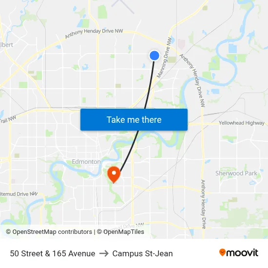 50 Street & 165 Avenue to Campus St-Jean map
