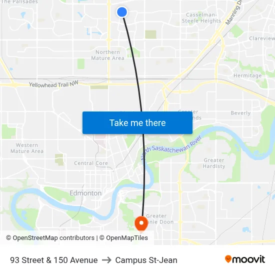 93 Street & 150 Avenue to Campus St-Jean map