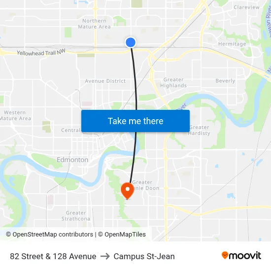 82 Street & 128 Avenue to Campus St-Jean map
