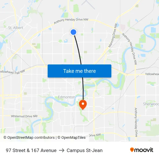 97 Street & 167 Avenue to Campus St-Jean map