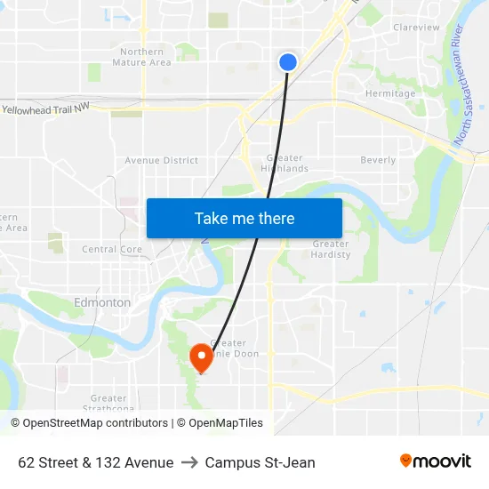 62 Street & 132 Avenue to Campus St-Jean map