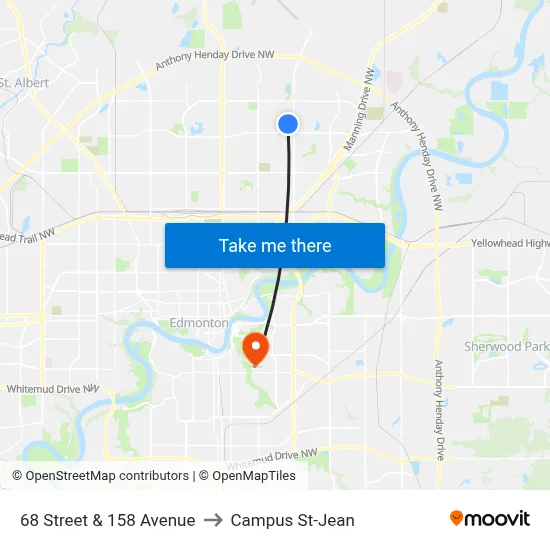 68 Street & 158 Avenue to Campus St-Jean map