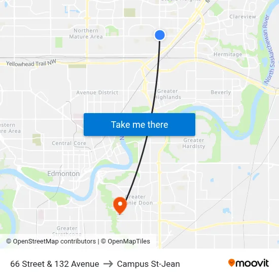 66 Street & 132 Avenue to Campus St-Jean map