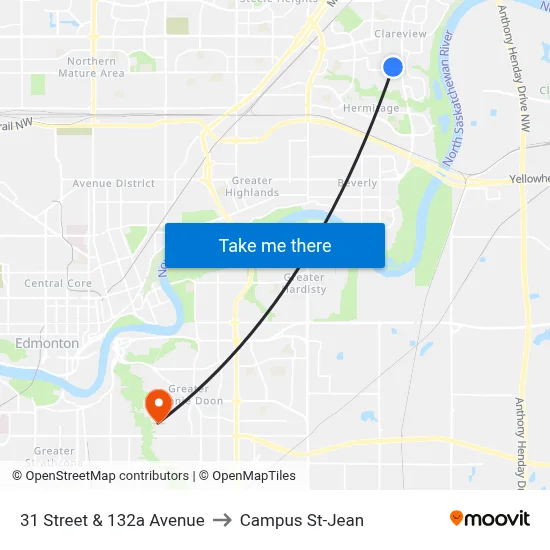31 Street & 132a Avenue to Campus St-Jean map