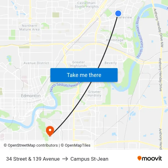 34 Street & 139 Avenue to Campus St-Jean map