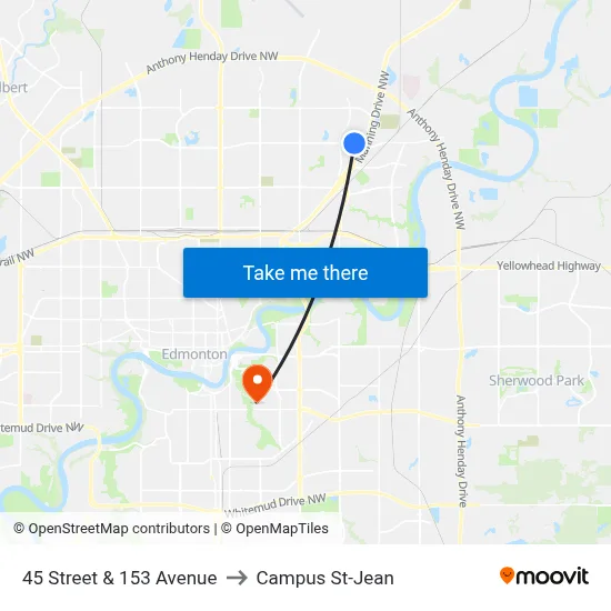 45 Street & 153 Avenue to Campus St-Jean map