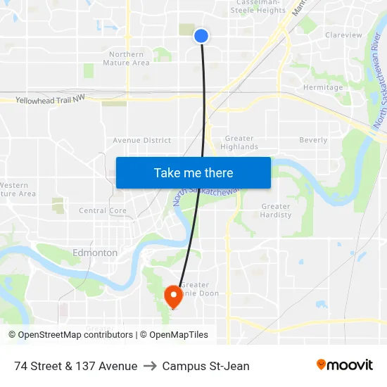74 Street & 137 Avenue to Campus St-Jean map