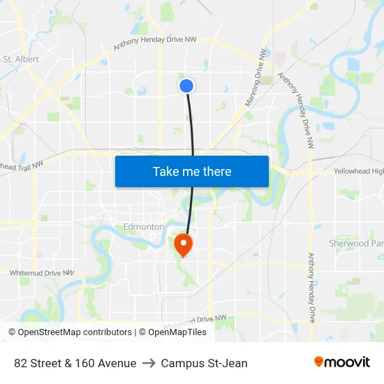 82 Street & 160 Avenue to Campus St-Jean map