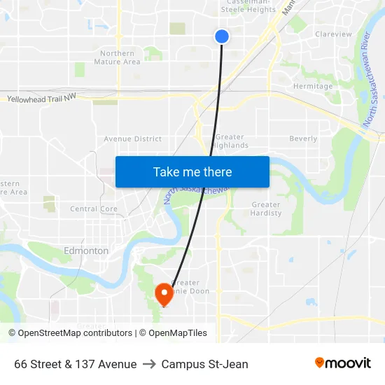 66 Street & 137 Avenue to Campus St-Jean map