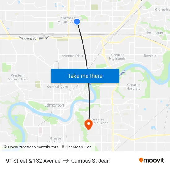 91 Street & 132 Avenue to Campus St-Jean map