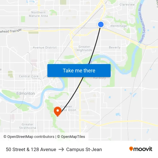50 Street & 128 Avenue to Campus St-Jean map