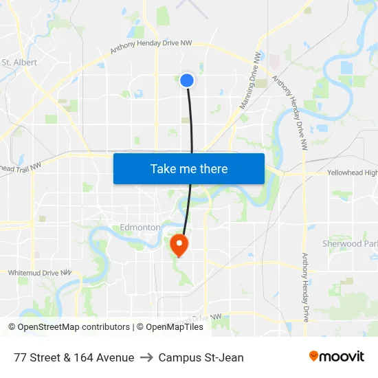 77 Street & 164 Avenue to Campus St-Jean map