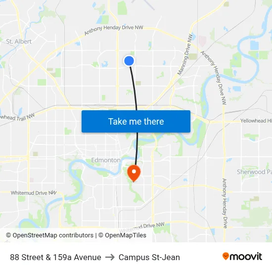 88 Street & 159a Avenue to Campus St-Jean map