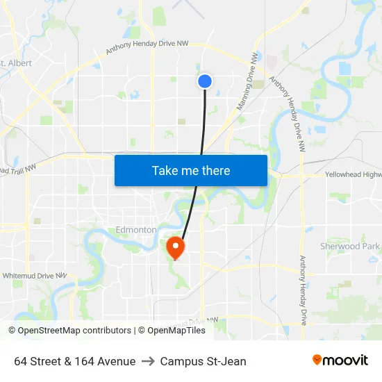 64 Street & 164 Avenue to Campus St-Jean map