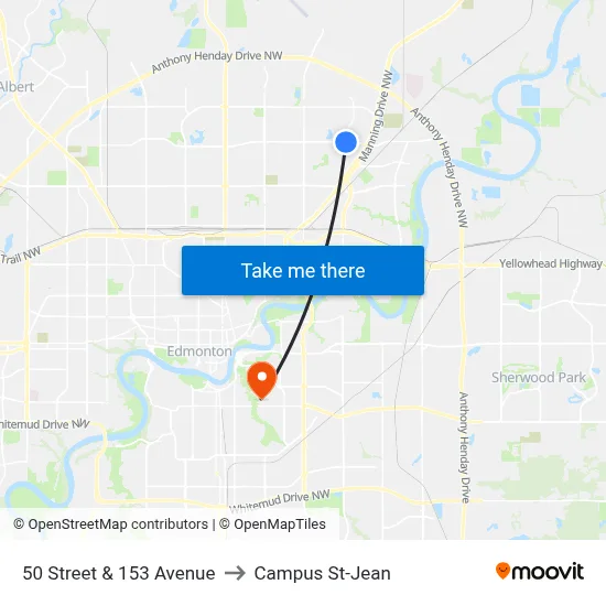 50 Street & 153 Avenue to Campus St-Jean map