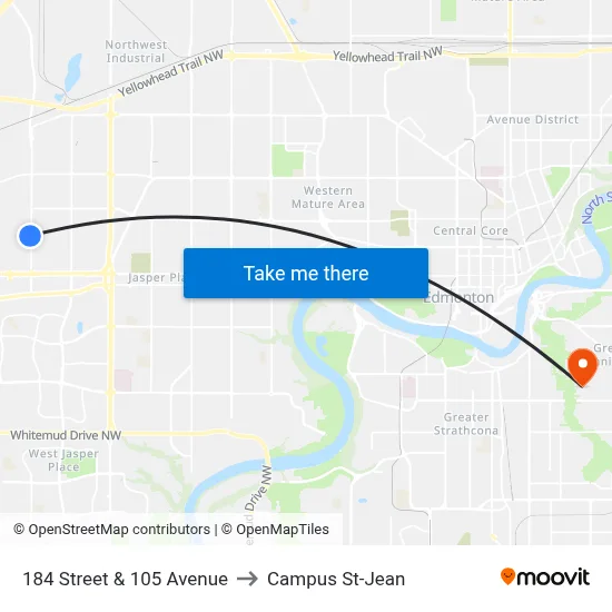 184 Street & 105 Avenue to Campus St-Jean map