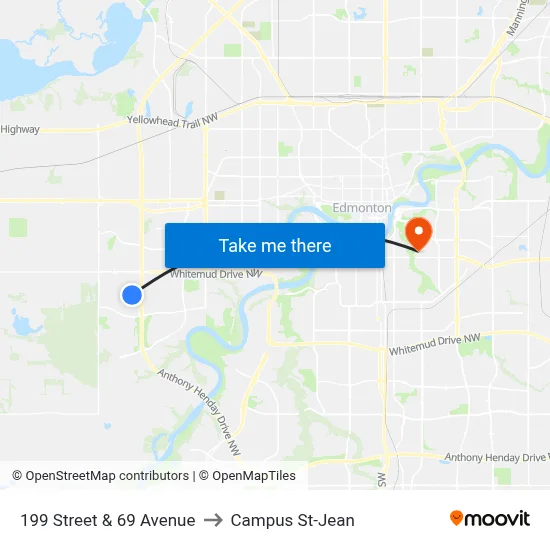 199 Street & 69 Avenue to Campus St-Jean map