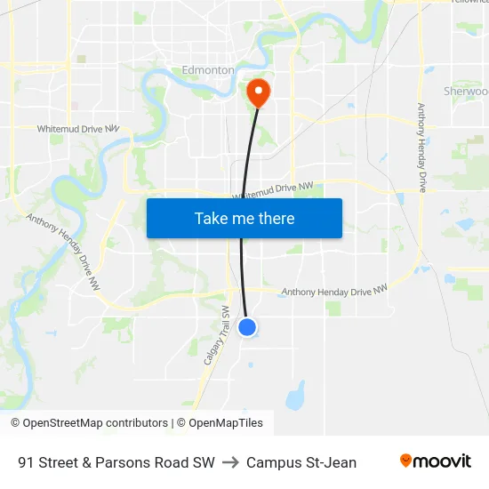 91 Street & Parsons Road SW to Campus St-Jean map