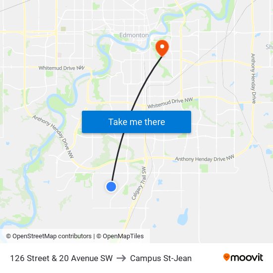 126 Street & 20 Avenue SW to Campus St-Jean map