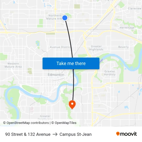 90 Street & 132 Avenue to Campus St-Jean map