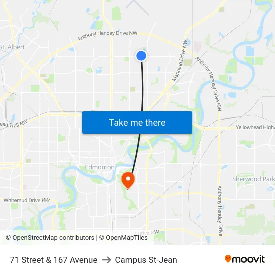 71 Street & 167 Avenue to Campus St-Jean map
