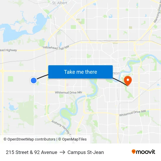 215 Street & 92 Avenue to Campus St-Jean map