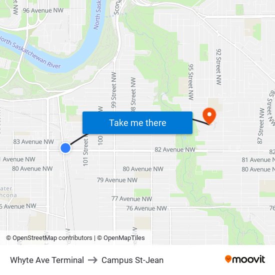 Whyte Ave Terminal to Campus St-Jean map