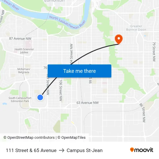 111 Street & 65 Avenue to Campus St-Jean map