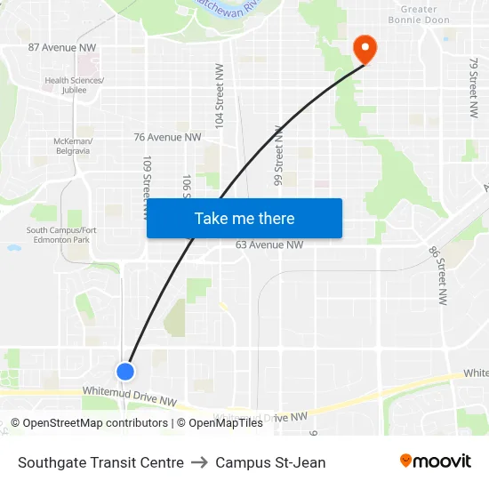Southgate Transit Centre to Campus St-Jean map