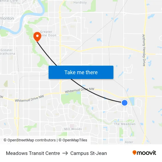 Meadows Transit Centre to Campus St-Jean map
