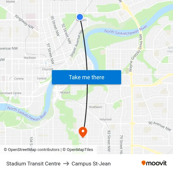 Stadium Transit Centre to Campus St-Jean map