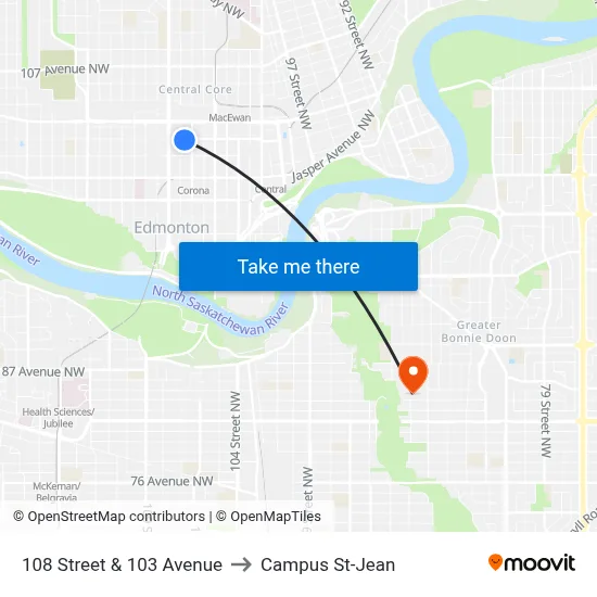 108 Street & 103 Avenue to Campus St-Jean map
