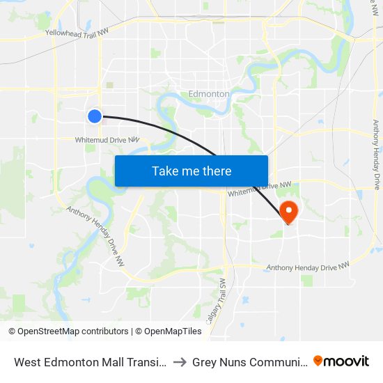 West Edmonton Mall Transit Centre Bay C to Grey Nuns Community Hospital map