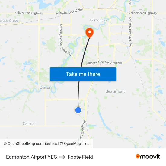 Edmonton Airport YEG to Foote Field map