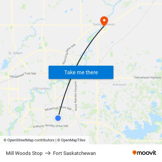 Mill Woods Stop to Fort Saskatchewan map