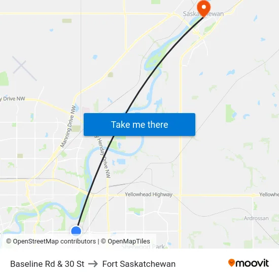 Baseline Rd & 30 St to Fort Saskatchewan map