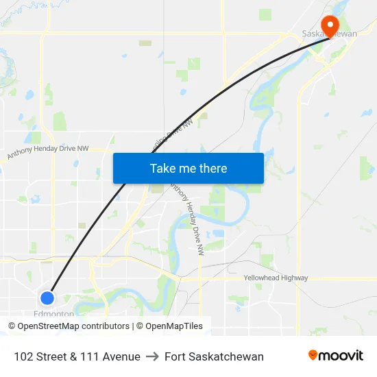 102 Street & 111 Avenue to Fort Saskatchewan map