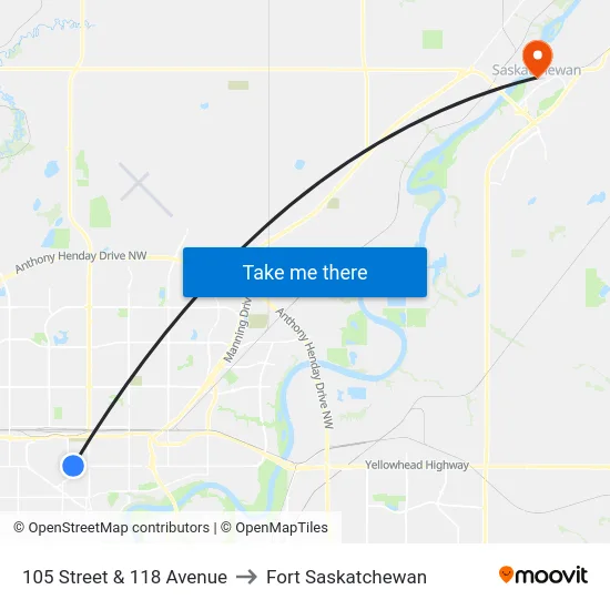 105 Street & 118 Avenue to Fort Saskatchewan map