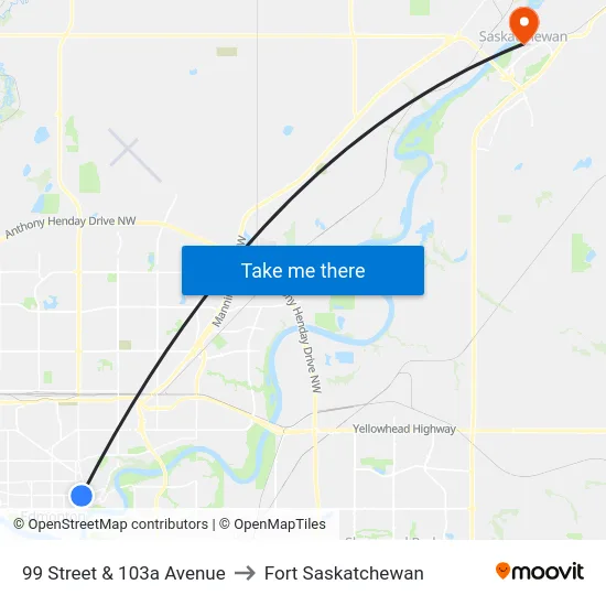 99 Street & 103a Avenue to Fort Saskatchewan map
